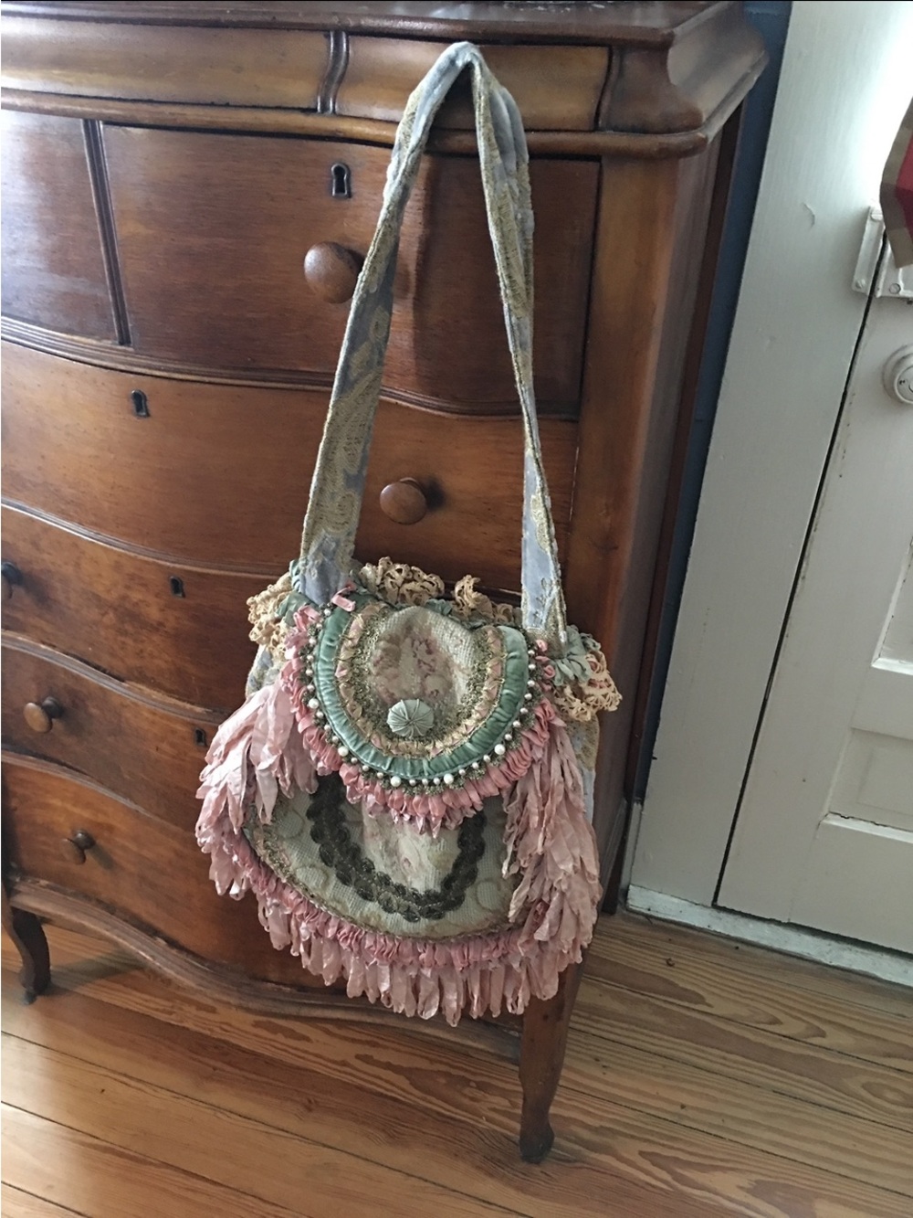 Magnolia Pearl Pink & Sage Fringe Embellished Shoulder Bag